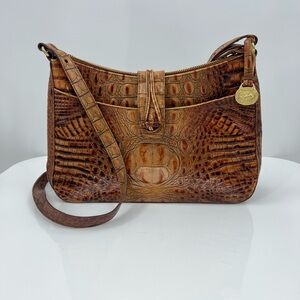 Brahmin Isabelle Brown Toasted Almond Italian Embossed Croc Leather Toggle Bag